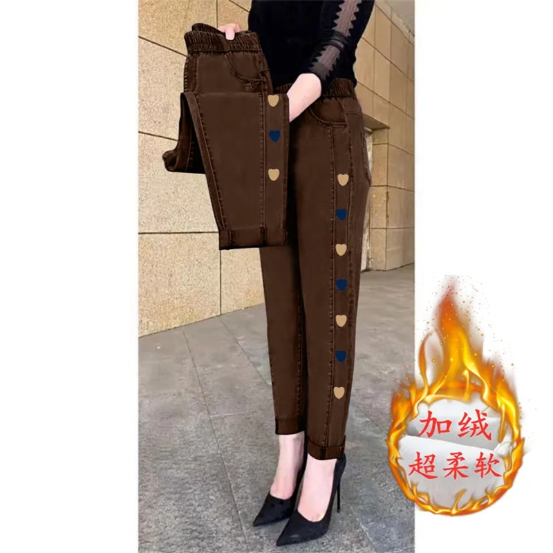 Jean femme d'âge moyen automne hiver taille extensible broderie Denim pantalon grande taille ample femme pantalon droit décontracté 5XL