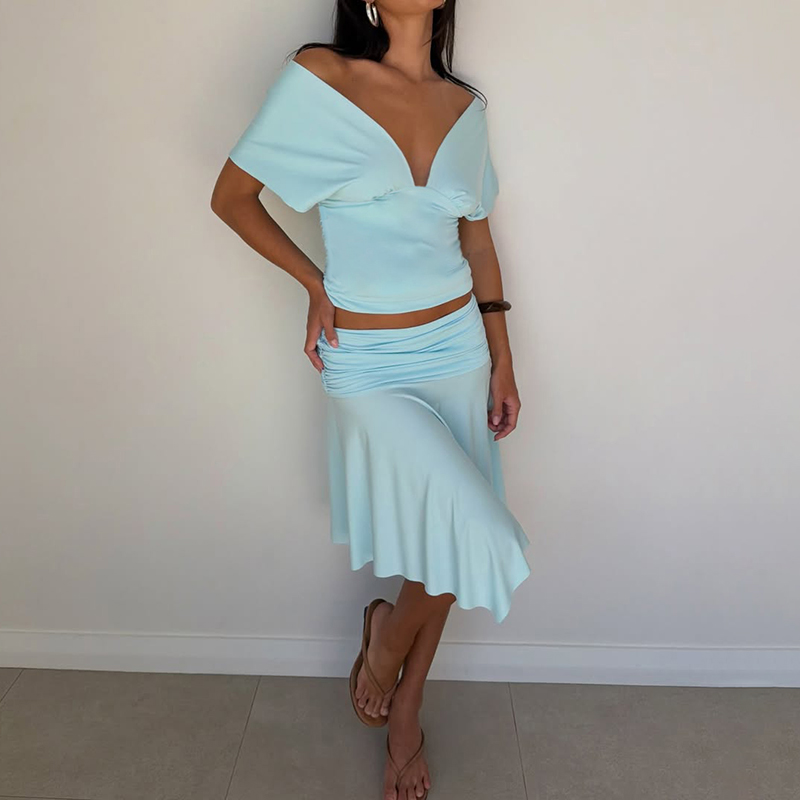 Ensemble 2 pièces d'été pour femme : Jupe asymétrique taille haute et crop top col en V, ajusté et élastique, élégant et décontracté, tenue de plage