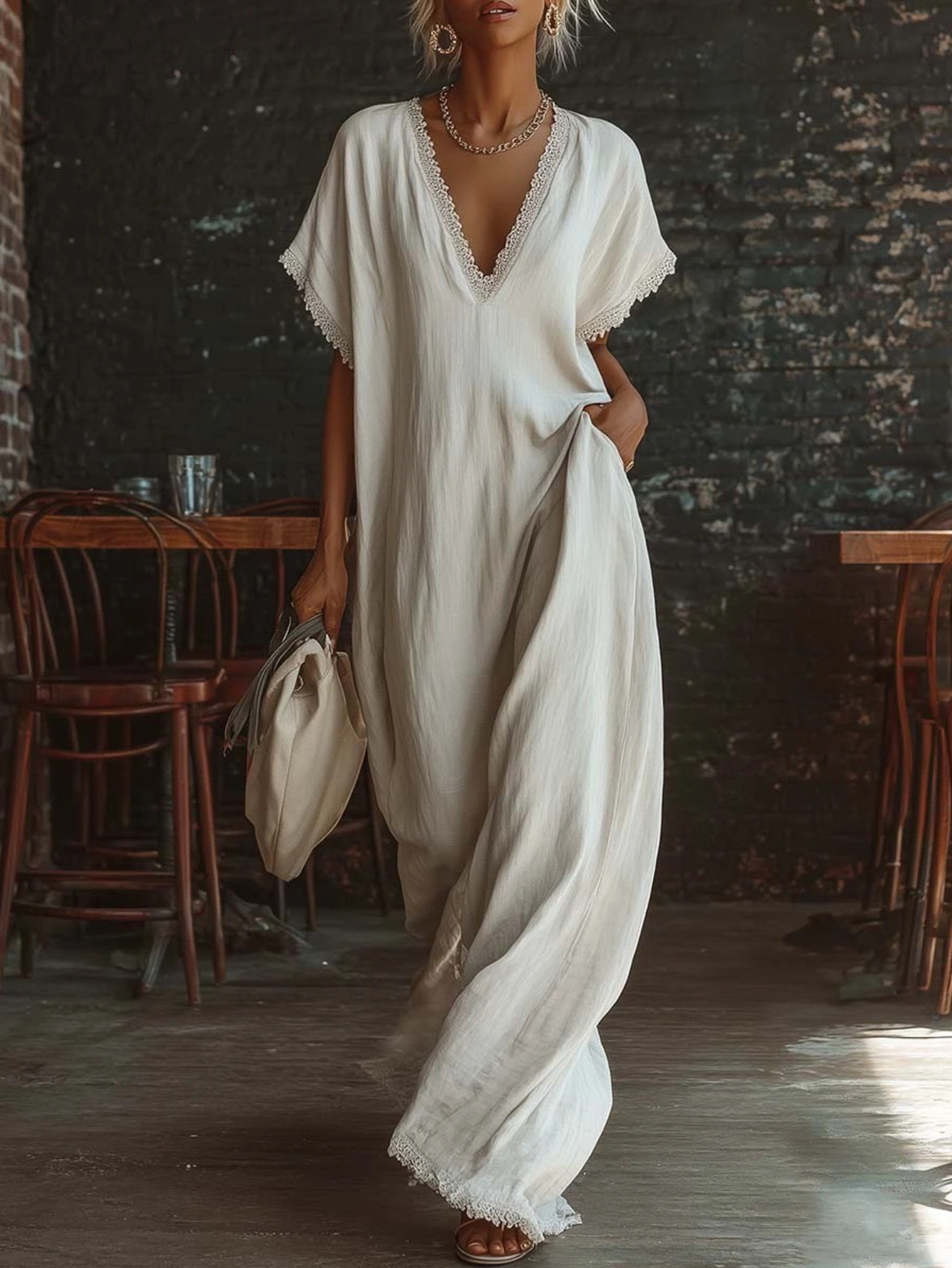 Robes décontractées pour femmes Tendances 2026 Robe longue ample sexy à col en V et dentelle Manches courtes d'été Robe longue bohème pour les vacances