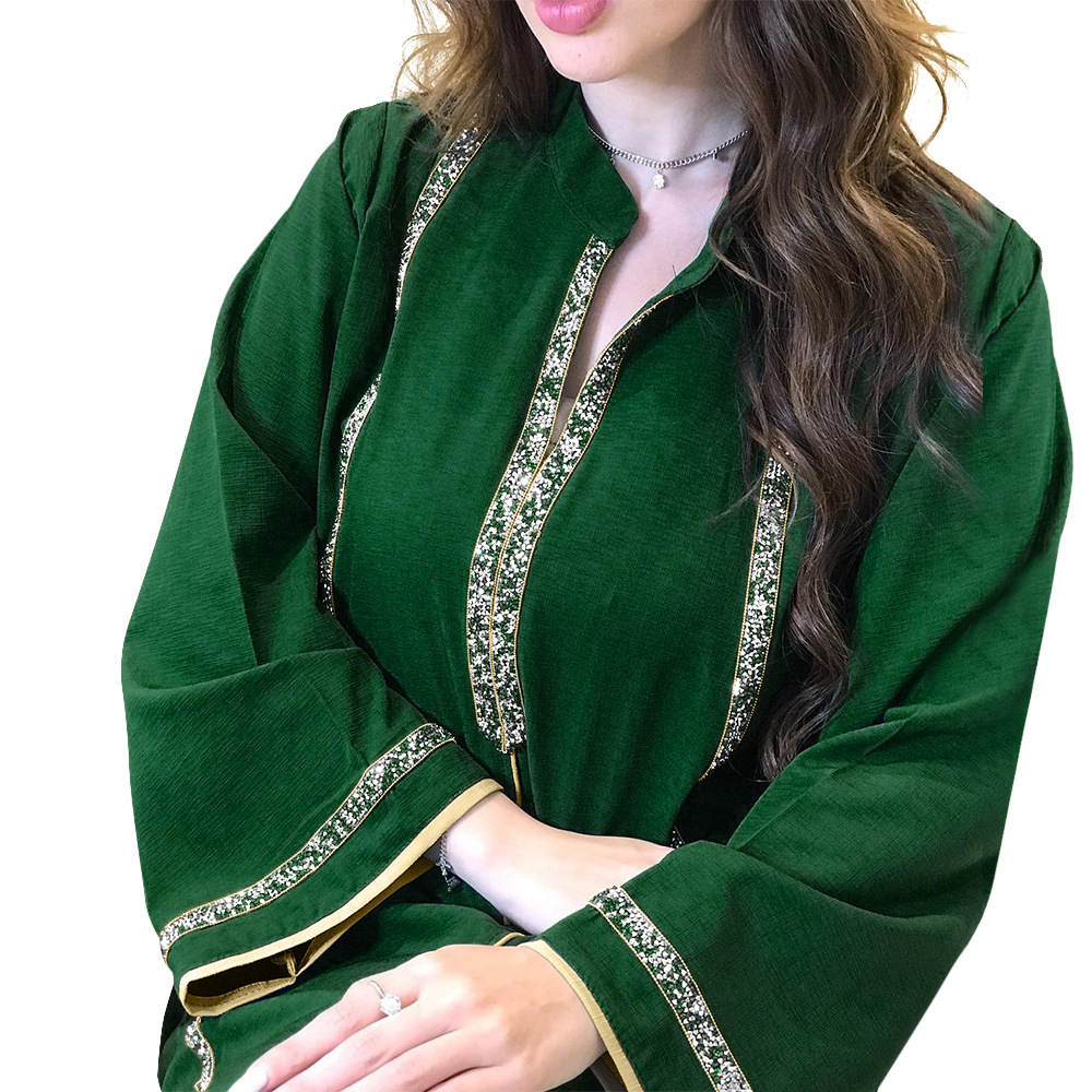Robe Abaya Marocaine pour Femme, Maxi Robe à Col Montant et Manches Longues, Coupe Ample, avec Bordure Diamantée, Automne 2026, Style Oman, Turquie, Dubaï, Robe Musulmane