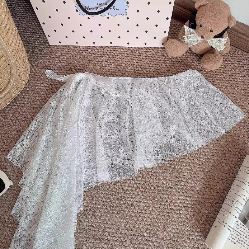 Mini-jupe irrégulière coréenne en dentelle blanche pour femme, style Ins, transparente, pour la danse, foulard de hanche en dentelle, décoration pour jeans et pantalons