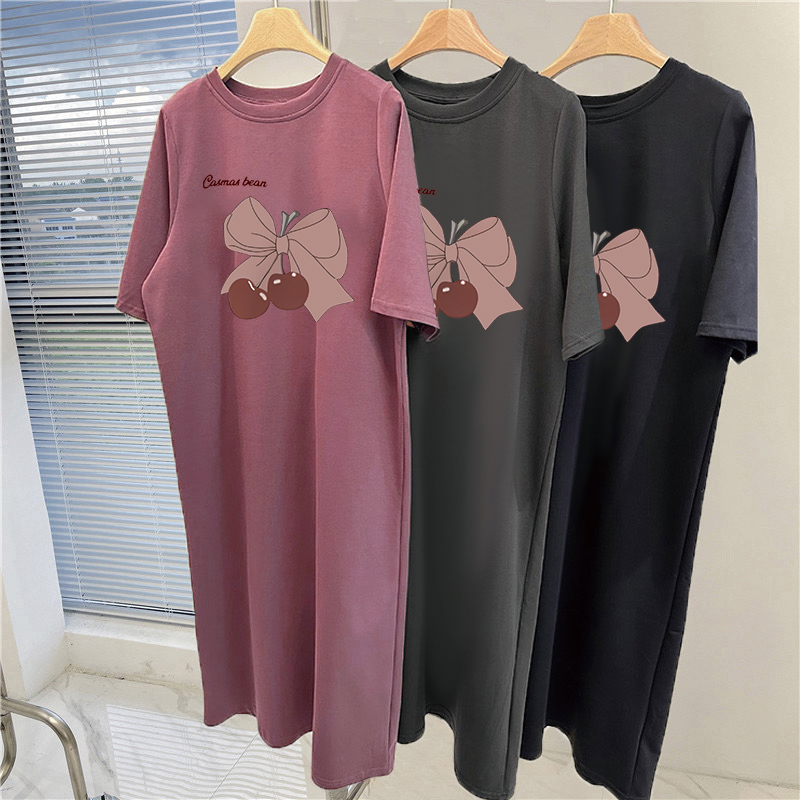 Robe longue décontractée pour femme style coréen, motif cerise et nœud mignon, coupe ample, manches courtes, col rond, pour l'été