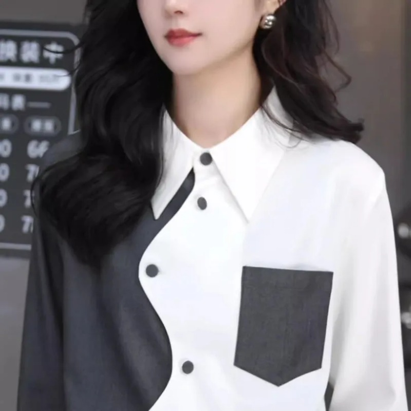 Chemise d'épissure de couleur contrastée irrégulière pour femmes, nouveau Style de printemps, mode coréenne, Style étranger, tempérament polyvalent