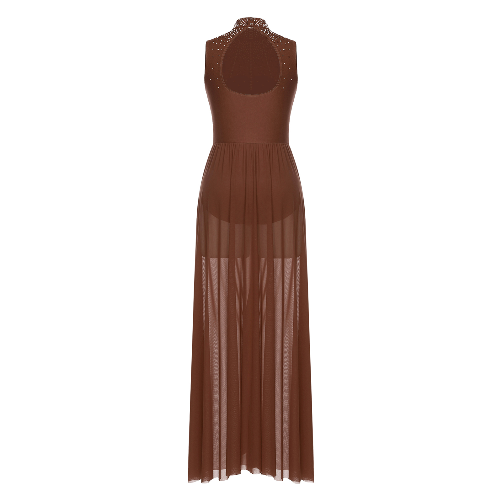Robes de danse lyrique pour femmes, col montant, ourlet large, strass brillants, robe Maxi sans manches, robes justaucorps contemporaines modernes