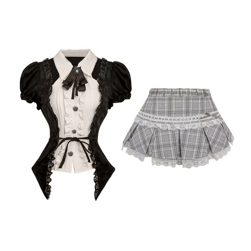 Nouvel ensemble de costumes de cosplay Lolita sexy : chemise à taille haute et jupe courte à carreaux avec dentelle, idéal pour les soirées à thème et les jeux de rôle pour femmes