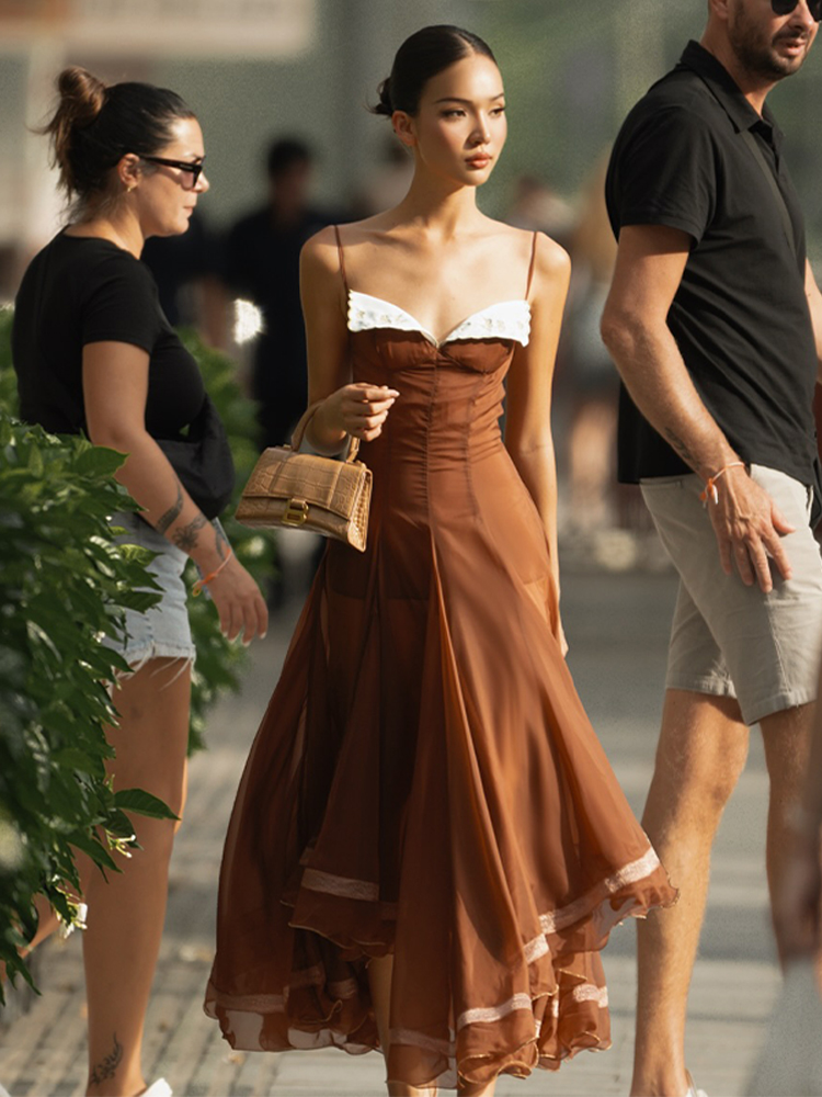 Robe longue en mousseline pour femme avec ourlet en dentelle, sans manches, taille cintrée, ourlet asymétrique à volants, Robe de soirée formelle pour femme 2026