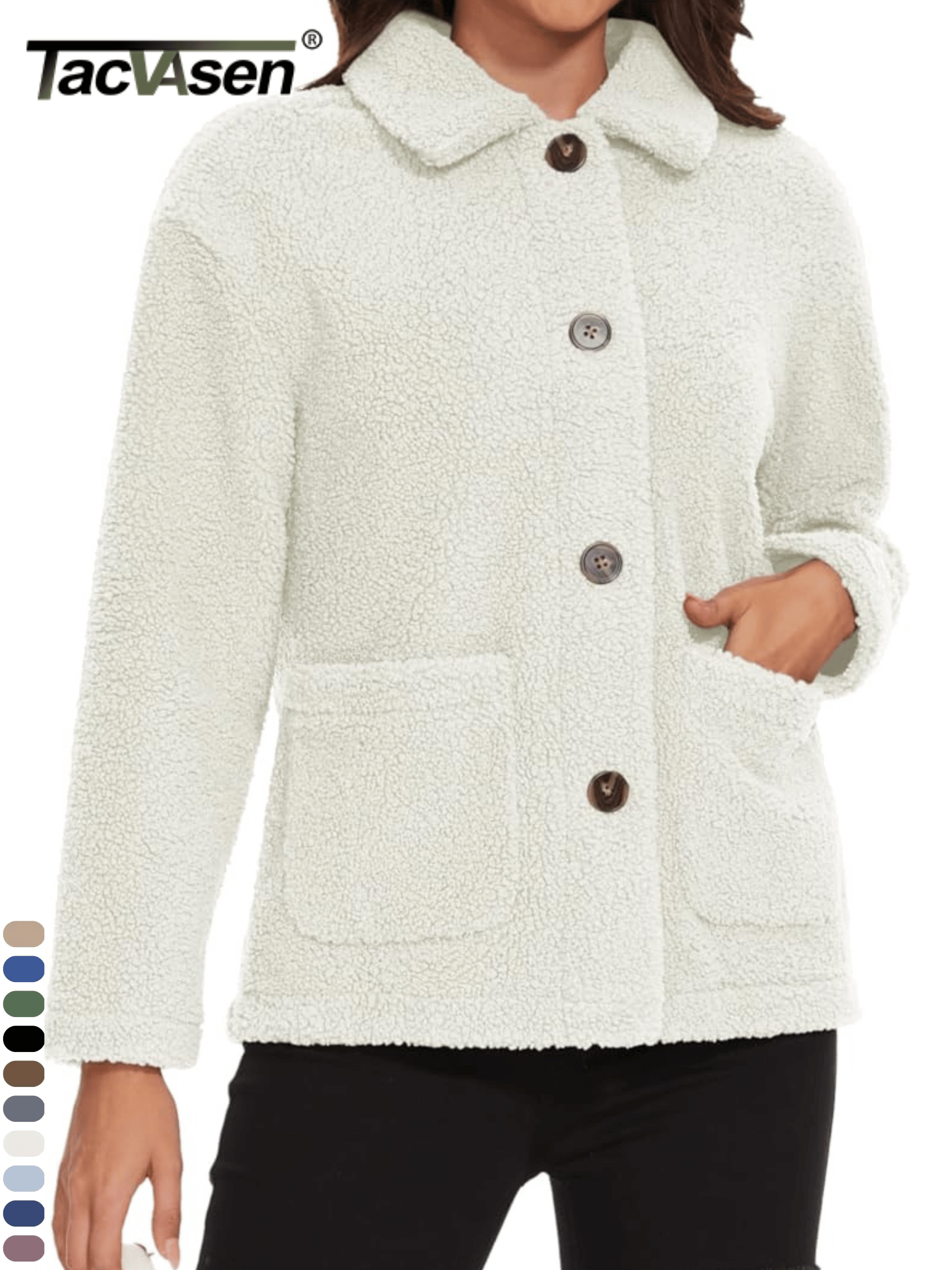 TACVASEN Hiver Sherpa Polaire 4 Boutons Veste Femme Doudoune Thermique Taillée Léger Vêtements Extérieurs 2 Poches Hauts