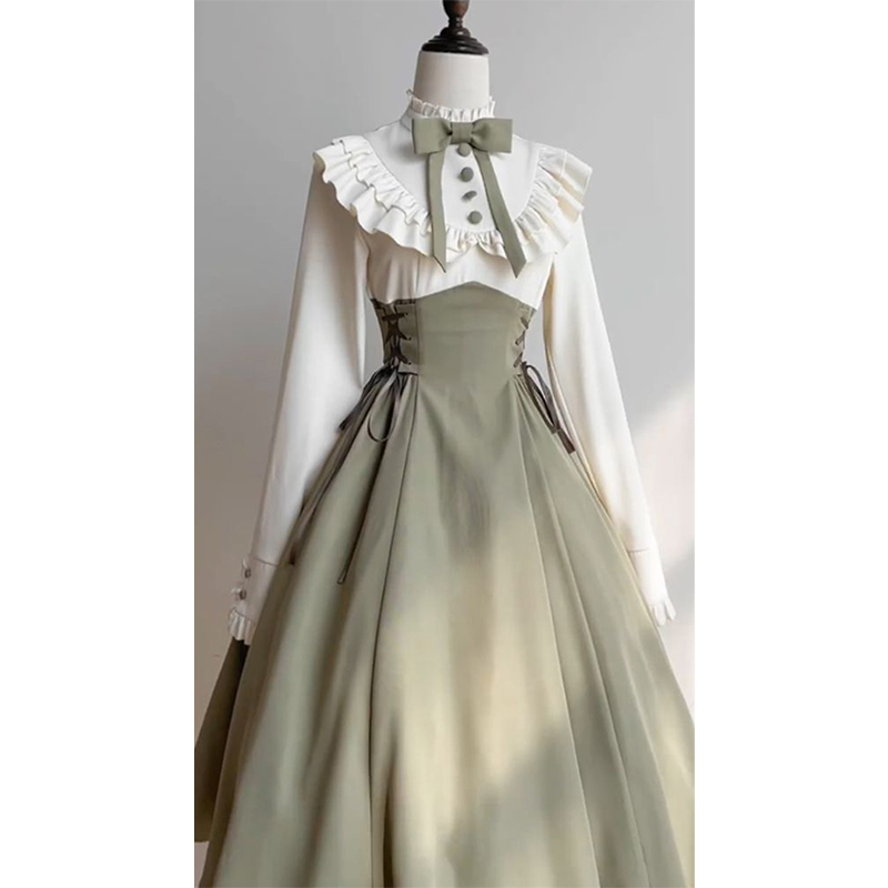 Robe Midi Vintage Femme Harajuku Lolita à Nœud, Volants, Patchwork, Bandage, Élégante, Manches Longues, Moulante, Coupe A-Line, Vestidos