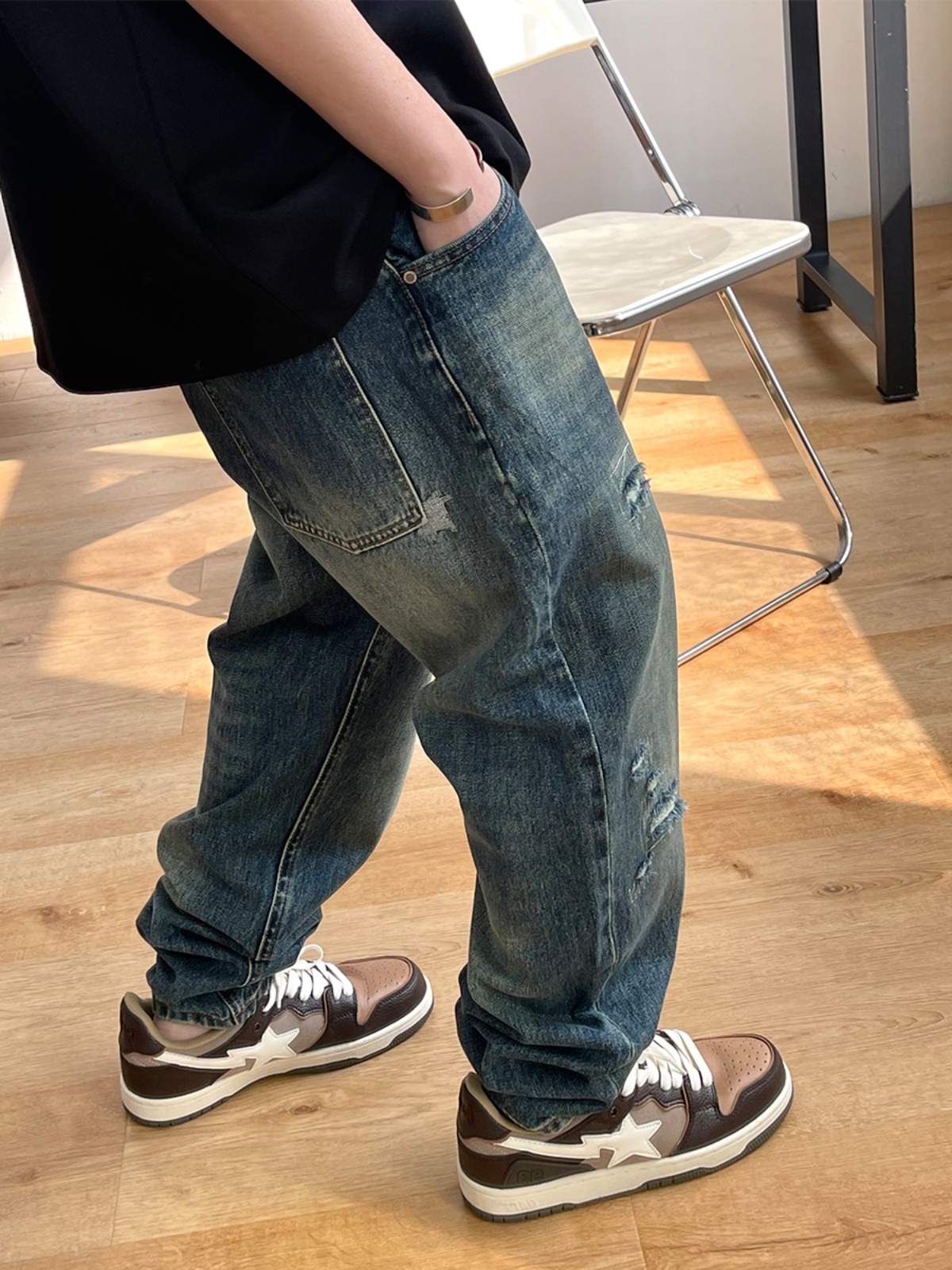 Mode coréenne déchiré Baggy jean pour hommes vêtements Vintage haute qualité Denim Cargo pantalon Harajuku décontracté pantalon en détresse