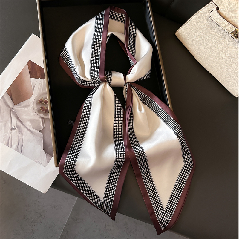 Écharpe longue et étroite de luxe pour femme, motif pied-de-poule, double couche, en fausse soie, pour le printemps et l'été, utilisable comme cravate ou attache pour cheveux