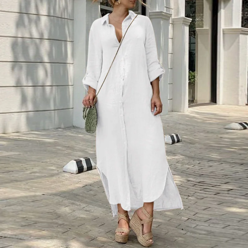 Robe longue en coton pour femmes, grande taille 1XL-5XL, tenue d'été avec col chemise, ligne boutonnée, jupe longue pour femmes