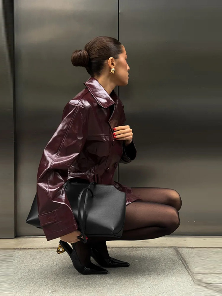 Ensemble Mini jupe de rue en cuir Pu pour femmes, col à revers, manches longues, manteau à Double boutonnage, costume début d'automne, tenue de rue
