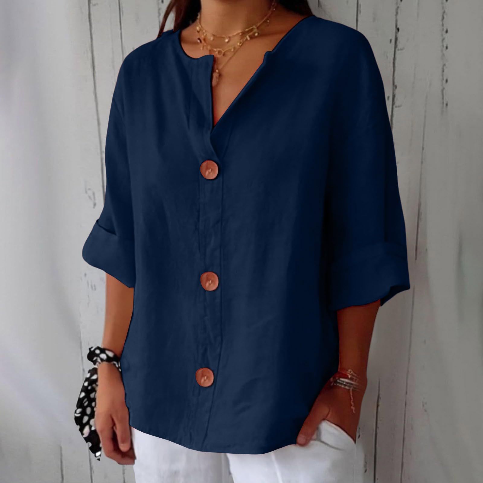 Chemisier décontracté pour femme 2026, nouvelle collection printemps-été, t-shirt ample en coton et lin à col en V, chemise boutonnée, vêtements pour femme