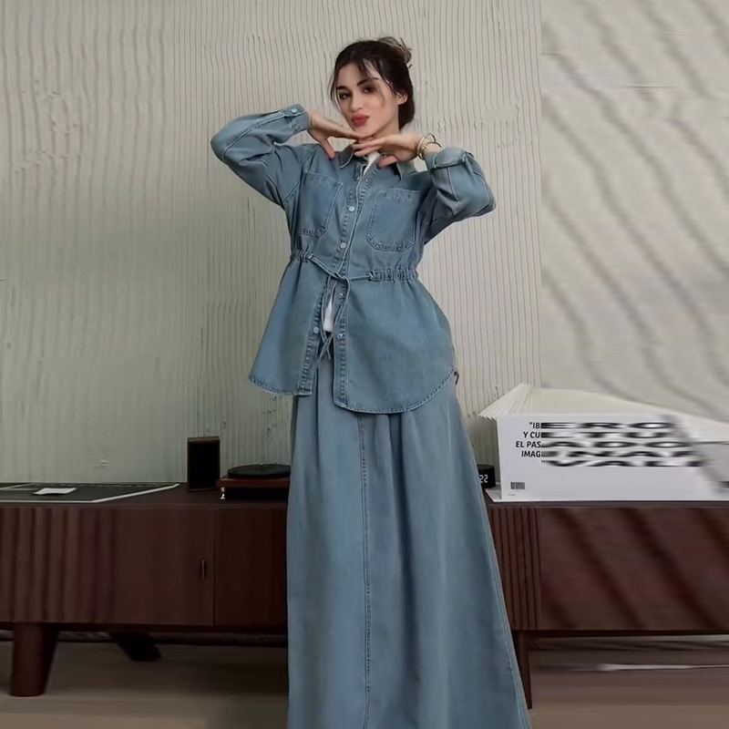 Denim 2 pièces ensembles femmes chemise musulmane manteau jupes tenues simple boutonnage col rabattu poches jupes longues surchemise costume