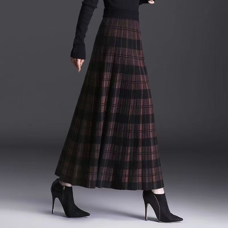 Jupe longue en tricot à carreaux pour femme, taille haute élastique, coupe A-line, épaisse, pour l'automne et l'hiver