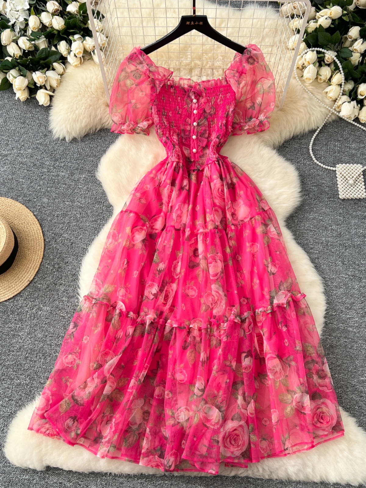 Rétro floral en mousseline de soie Dr taille femme cintrée une épaule bulle Sve Me jupe trajet coréen Sle taille haute a-ligne...