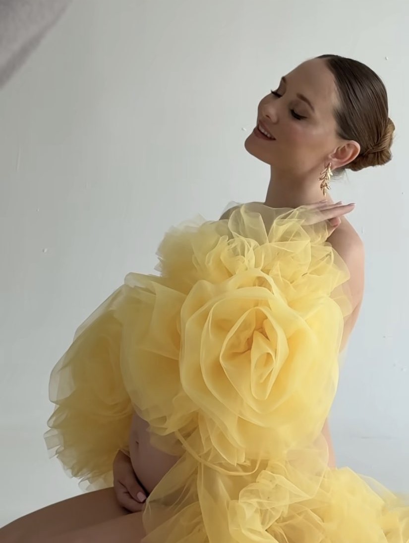Blouse élégante en tulle avec cape pour femme, robe florale 3D, veste longue de maternité pour séance photo, jaune, sur mesure