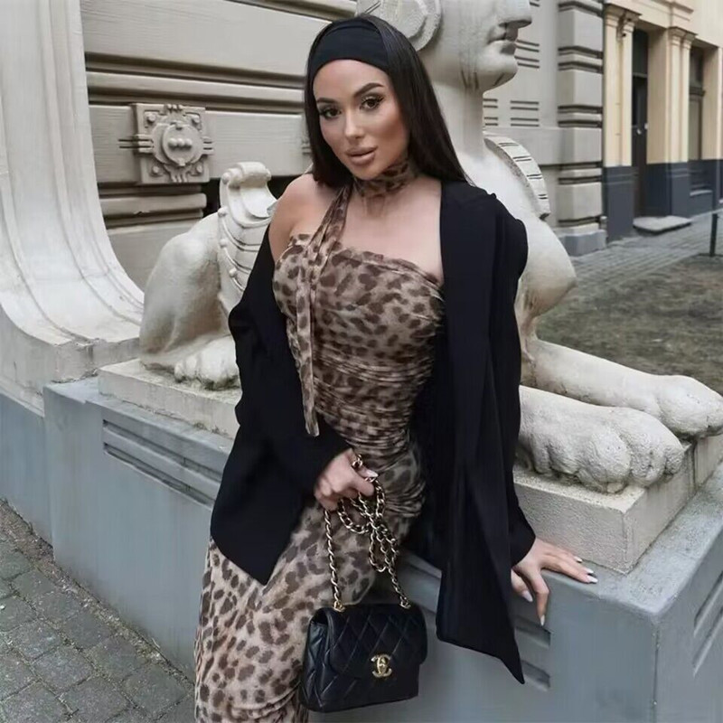 MUJER imprimé léopard haut court femme froncé Tulle haut Corset femmes épaules nues haut à licou femme Sexy dos nu bustiers pour les femmes