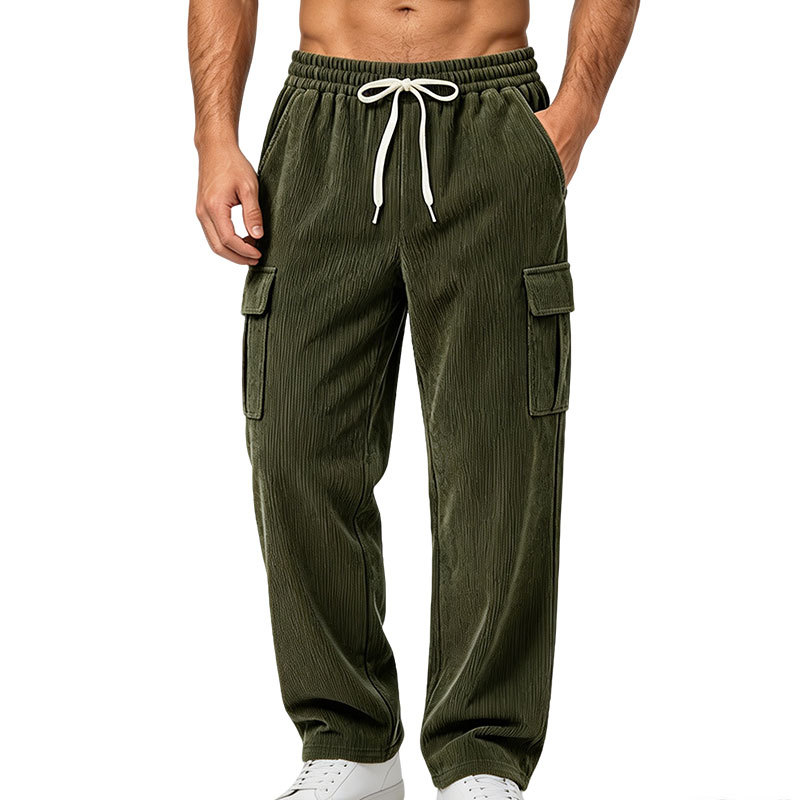 Pantalon cargo en velours côtelé pour homme, taille élastique avec cordon de serrage, multi-poches, coupe ample, décontracté, pantalon de sport pour usage quotidien et streetwear.