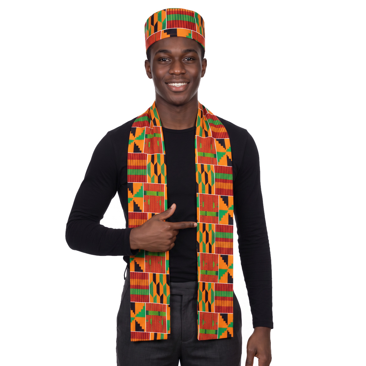 Ensemble de costumes de Cosplay à motif Kente africain, 2 pièces, avec chapeau Kufi, écharpe, étole, ceinture, histoire noire, accessoires de fête à thème africain