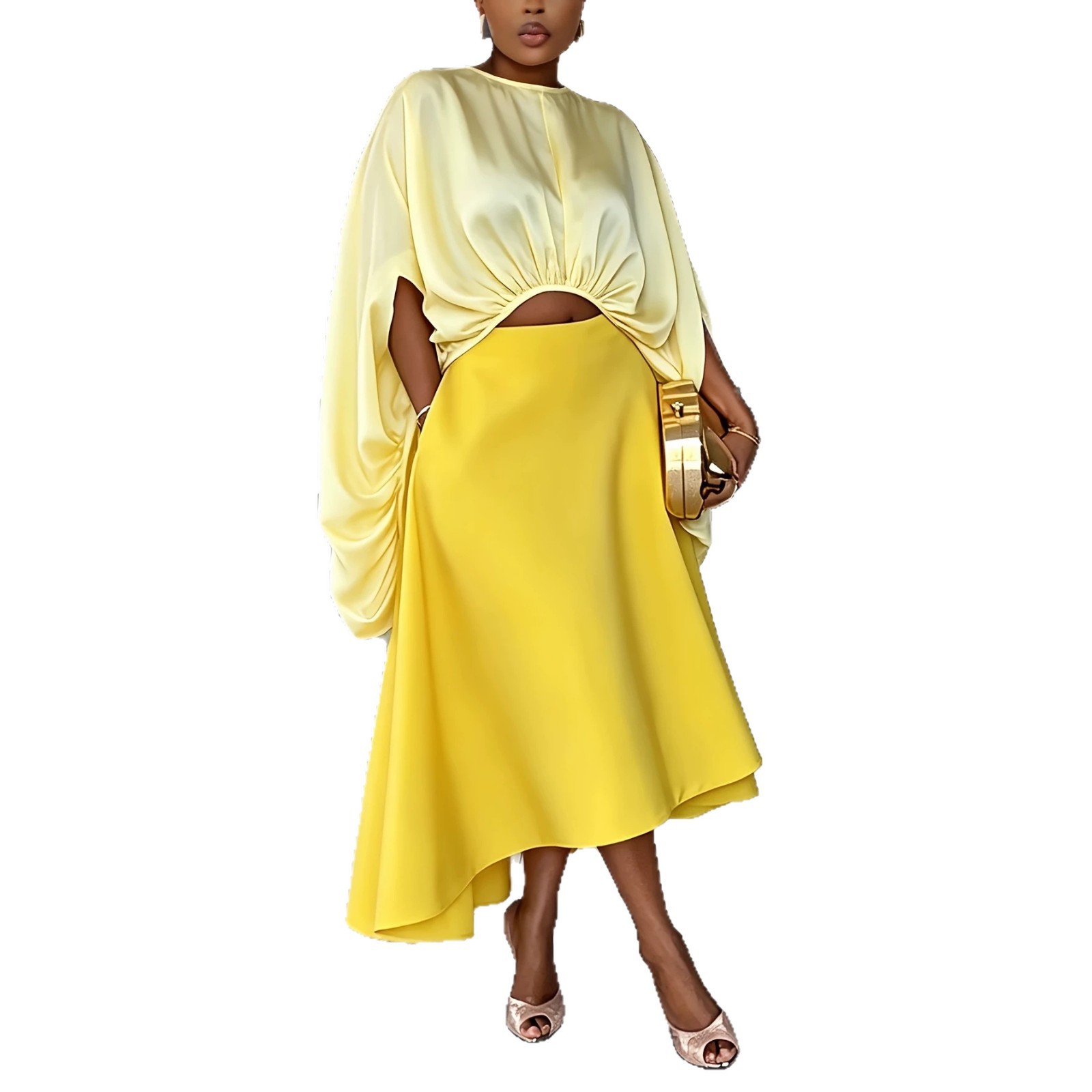 Ensemble deux pièces en satin pour femme : haut court à manches chauve-souris et jupe midi asymétrique avec poches – Ensemble élégant et assorti