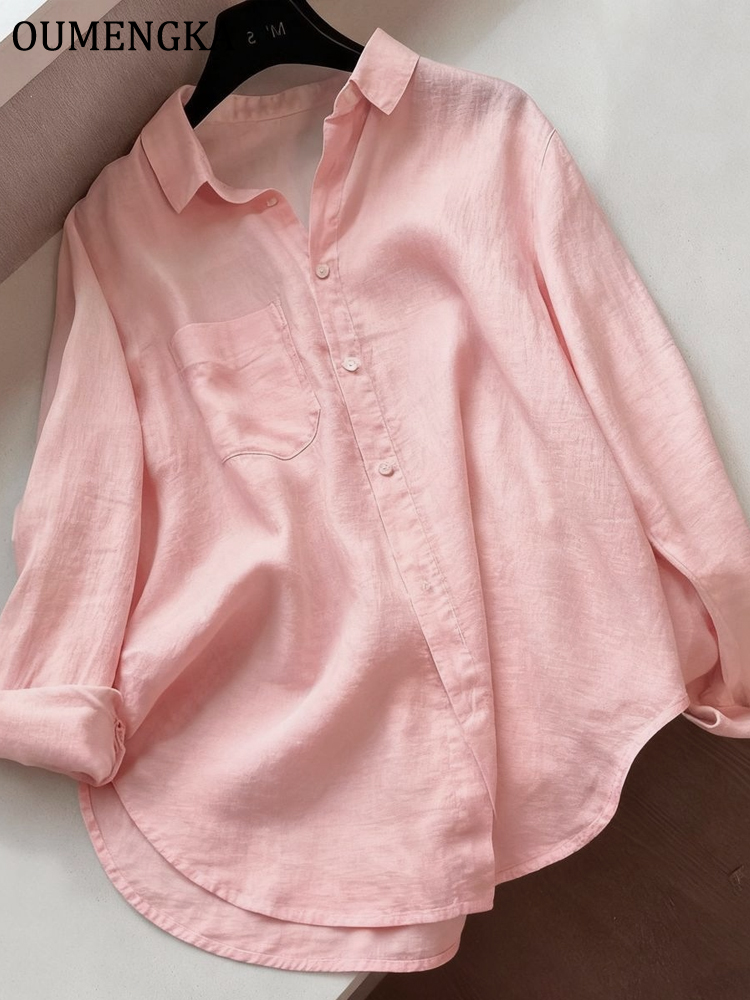 Chemisier ample minimaliste pour femme, en coton et lin fin, blanc, à manches longues, col rabattu, facile à porter, idéal pour l'été