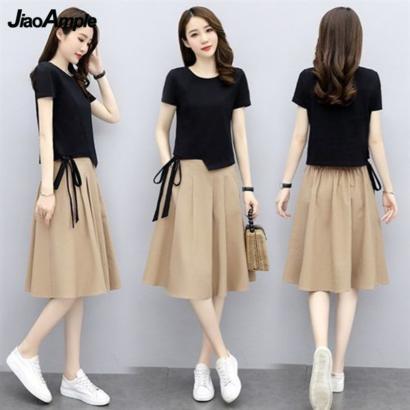 Ensemble t-shirt et jupe midi à manches courtes pour femmes, vêtements féminins élégants, mode coréenne, été, nouveau, 2025, 2 pièces