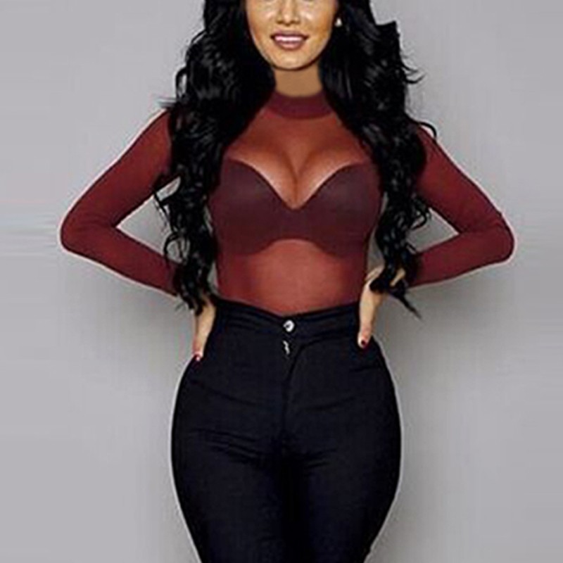 2025 Sexy femmes Blouses voir à travers maille transparente col montant à manches longues pure Blouse chemise dames hauts t-shirt