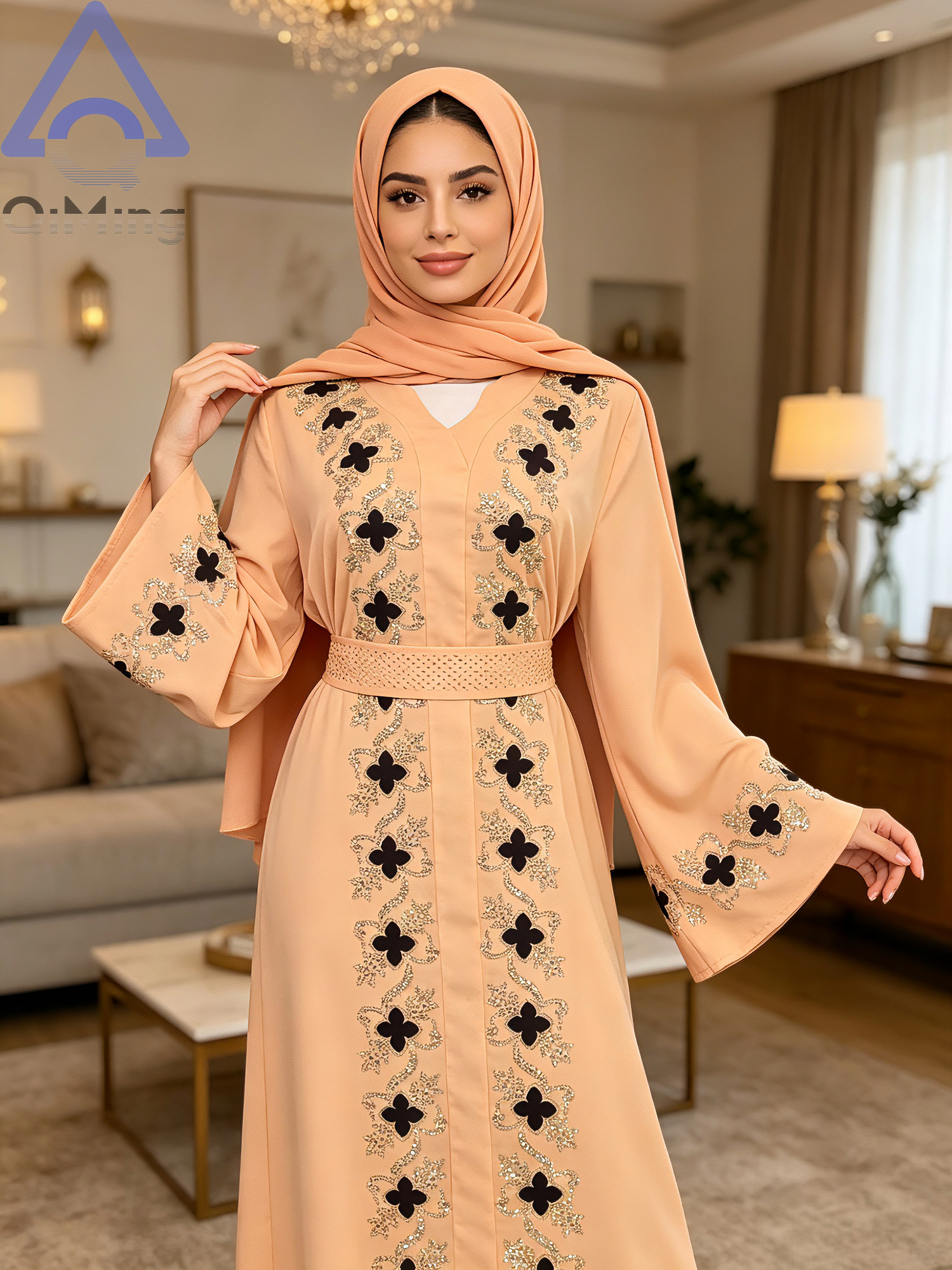 Abaya de luxe en strass de Dubaï, col en V, ceinturée, hijab, robe pour femme musulmane, kaftan de soirée, Eid Ramadan, jalabiya, vêtements islamiques