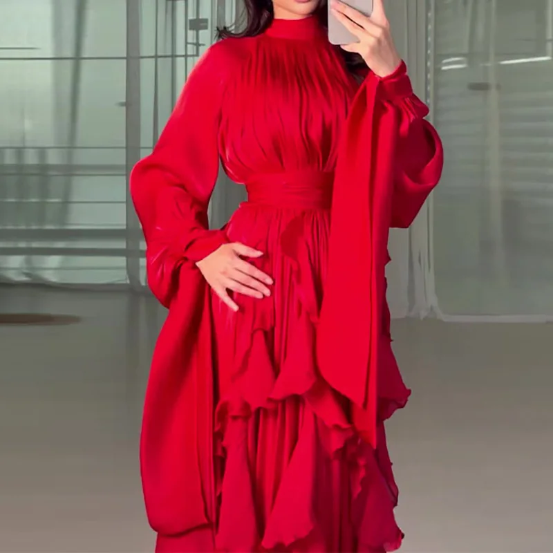 Robes de soirée pour femmes, mode taille haute plissée, décontractée, col haut, couches, robe de Banquet, élégante, manches longues, robe de soirée
