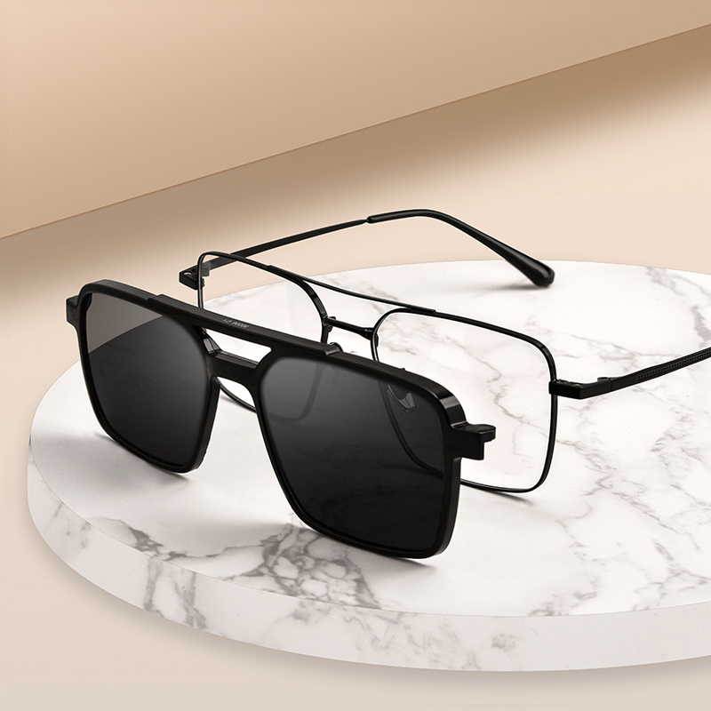 Hommes classique polarisé pince sur lunettes de soleil pilote Double faisceau en alliage de titane lunettes cadre optique rétro parasols lunettes