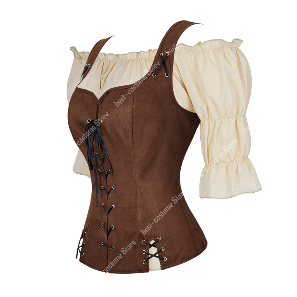 Costume de Pirate pour femmes, gilet médiéval, Cosplay, grande taille, chemisier médiéval, hauts, ensemble 2 pièces, gilet Renaissance, marron, noir, bleu