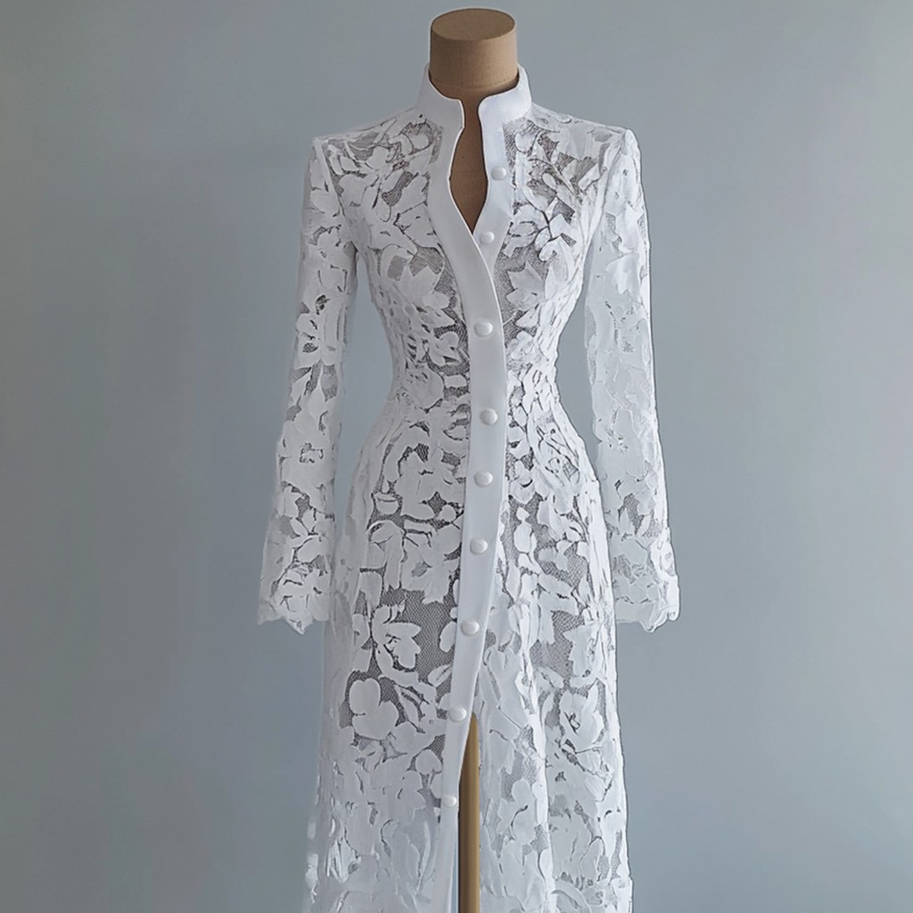 Robe en dentelle pour femme, col montant, simple boutonnage, manches longues, style manteau, longueur midi, transparente, élégante et raffinée, pour l'automne