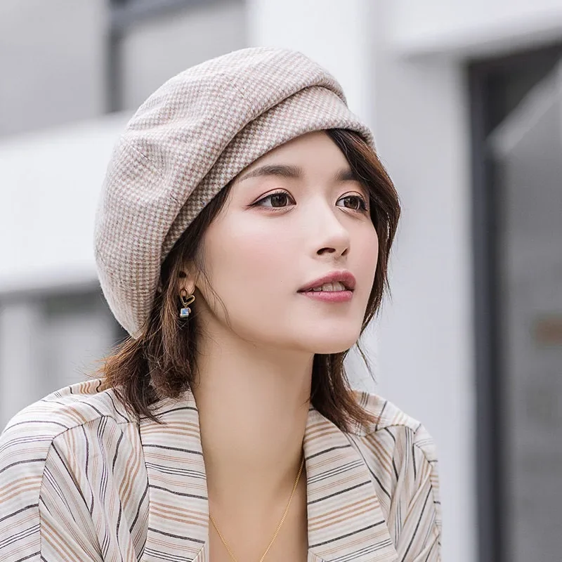 Béret en laine Simple pour femmes, pour dame élégante, chapeaux en coton, à carreaux, Vintage, octogonal, décontracté, automne, 2024