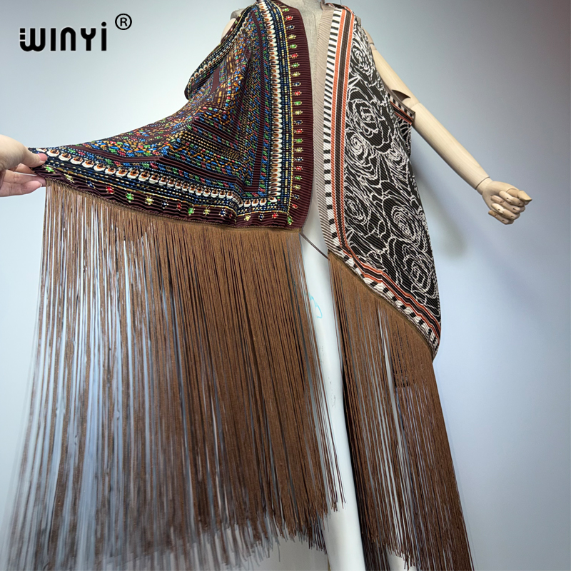 WINYI Cardigan plissé à franges pour femmes, imprimé bohème, robe de plage, caftan, vêtement de plage de luxe, abaya Dubaï