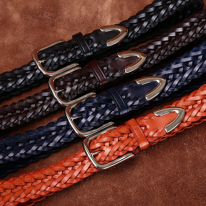 Ceinture en cuir tressé de 3,5 cm de large pour homme, en cuir de vachette de première qualité, faite à la main, avec boucle à ardillon, polyvalente pour pantalons décontractés.