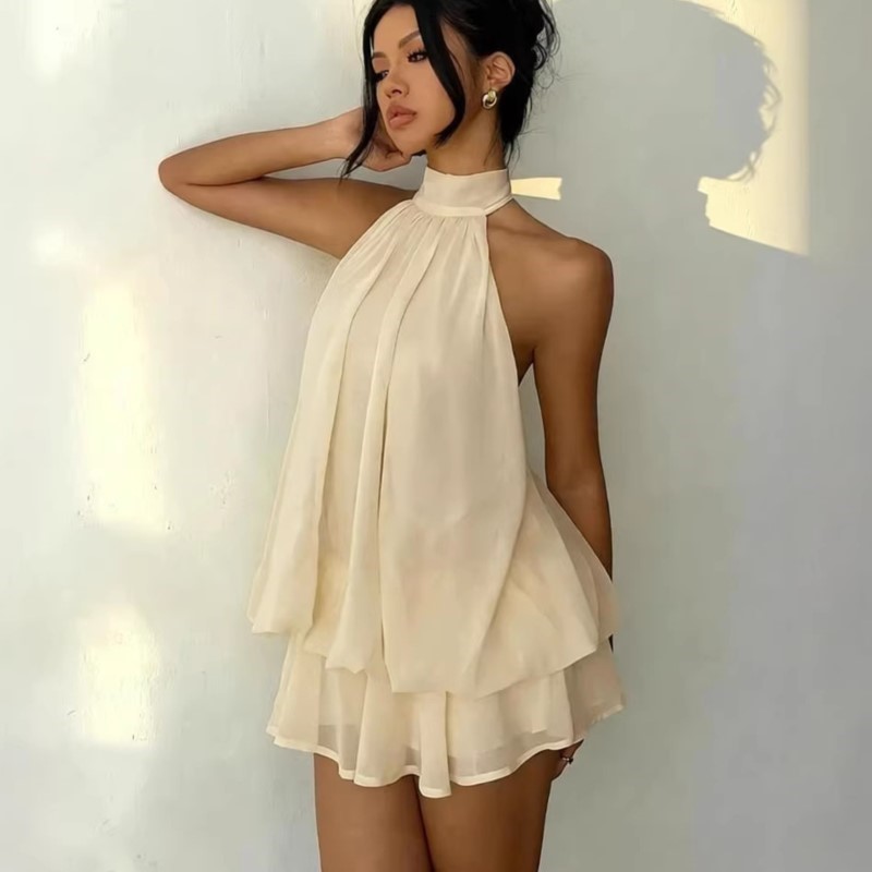 Robe de plage bohème pour femme, ensemble 2 pièces en mousseline, haut à col halter et jupe courte, collection été 2026, sexy et dos nu
