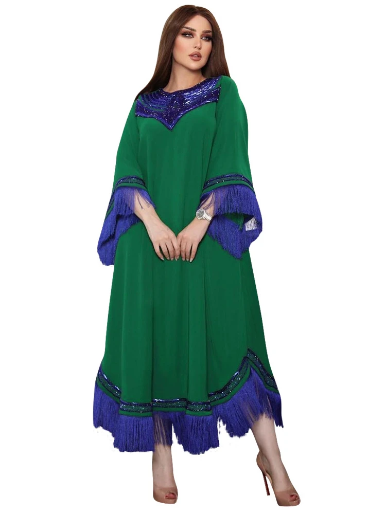 Robe marocaine à paillettes pour femme, abaya musulmane à pampilles, robe de soirée, caftan vert, vêtements de fête, mode éducative, Eid Ramadan, Jalabiya