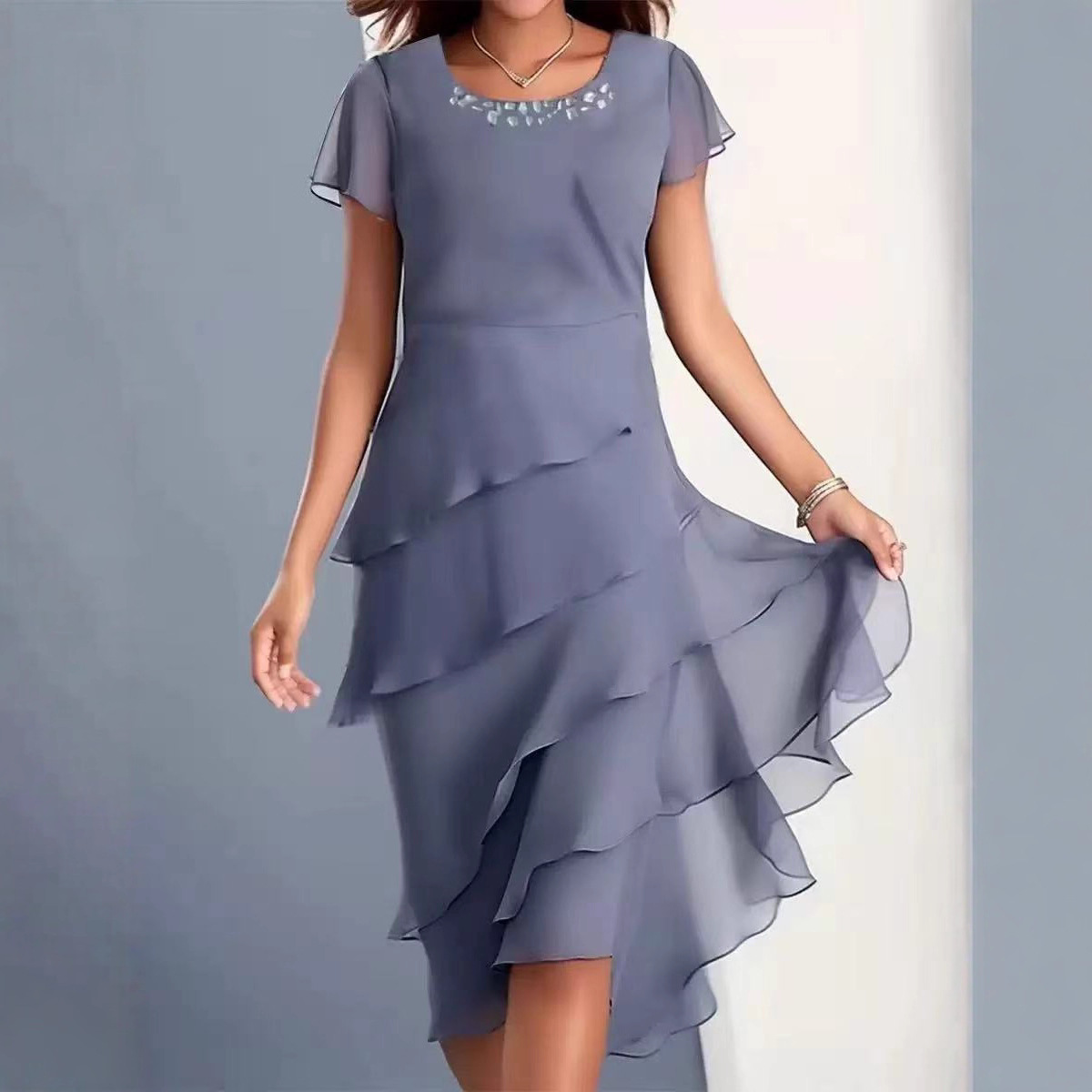 Robes pour femmes 2026 – Robe longue de banquet en mousseline unie à volants superposés, vêtements féminins, vestidos