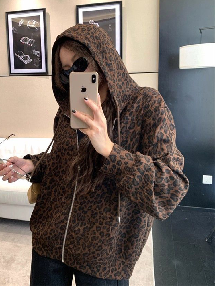 Sweat-shirt à capuche léopard pour femmes, Streetwear, ample, rétro, Harajuku, Hip Hop, automne, Vintage américain, manches longues, hauts, nouveau, Y2K