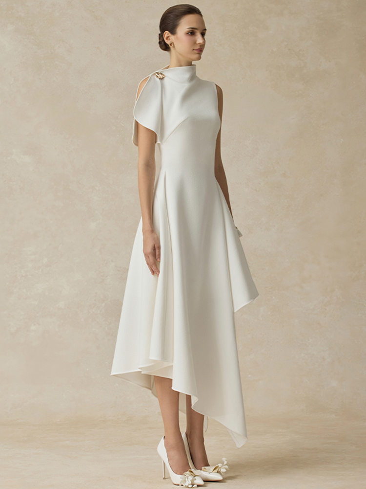 DEAT robe élégante col montant irrégulière taille haute longue couleur unie femmes robes de soirée 2025 hiver nouvelle marée 35Z3948