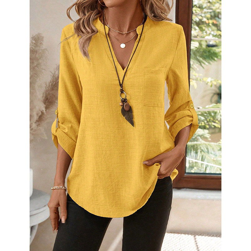 Chemise décontractée ample pour femmes, mode printemps-été, col en V rétro, couleur unie, chemisier élégant pour jeunes femmes