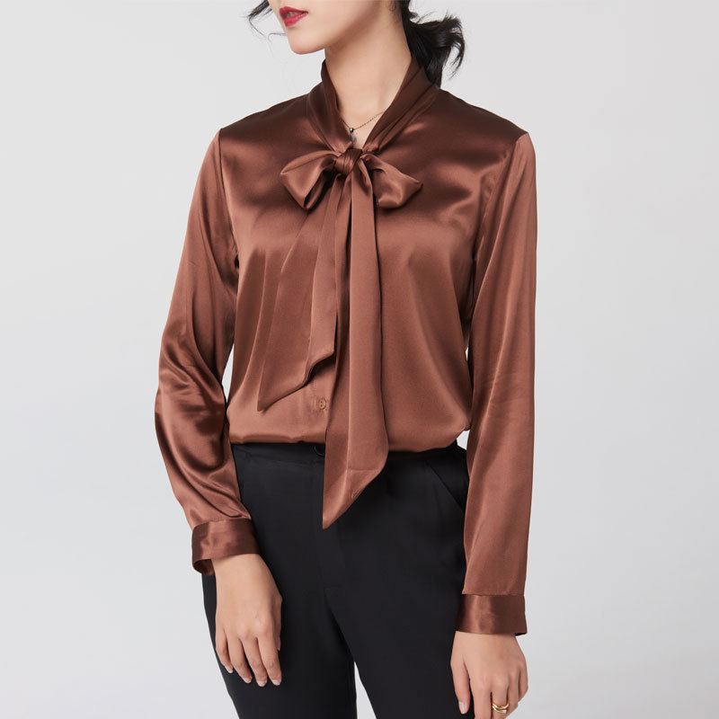 Chemise en soie de mûrier lourde pour femmes, chemisier à manches longues en Satin de soie, col en v, avec ruban à nœud, nouvelle collection printemps et automne 2025
