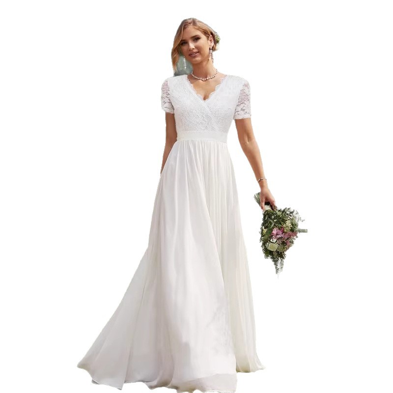 Robe longue en dentelle et mousseline de soie à col en V, robe de soirée, robes maxi fluides pour le printemps et l'été