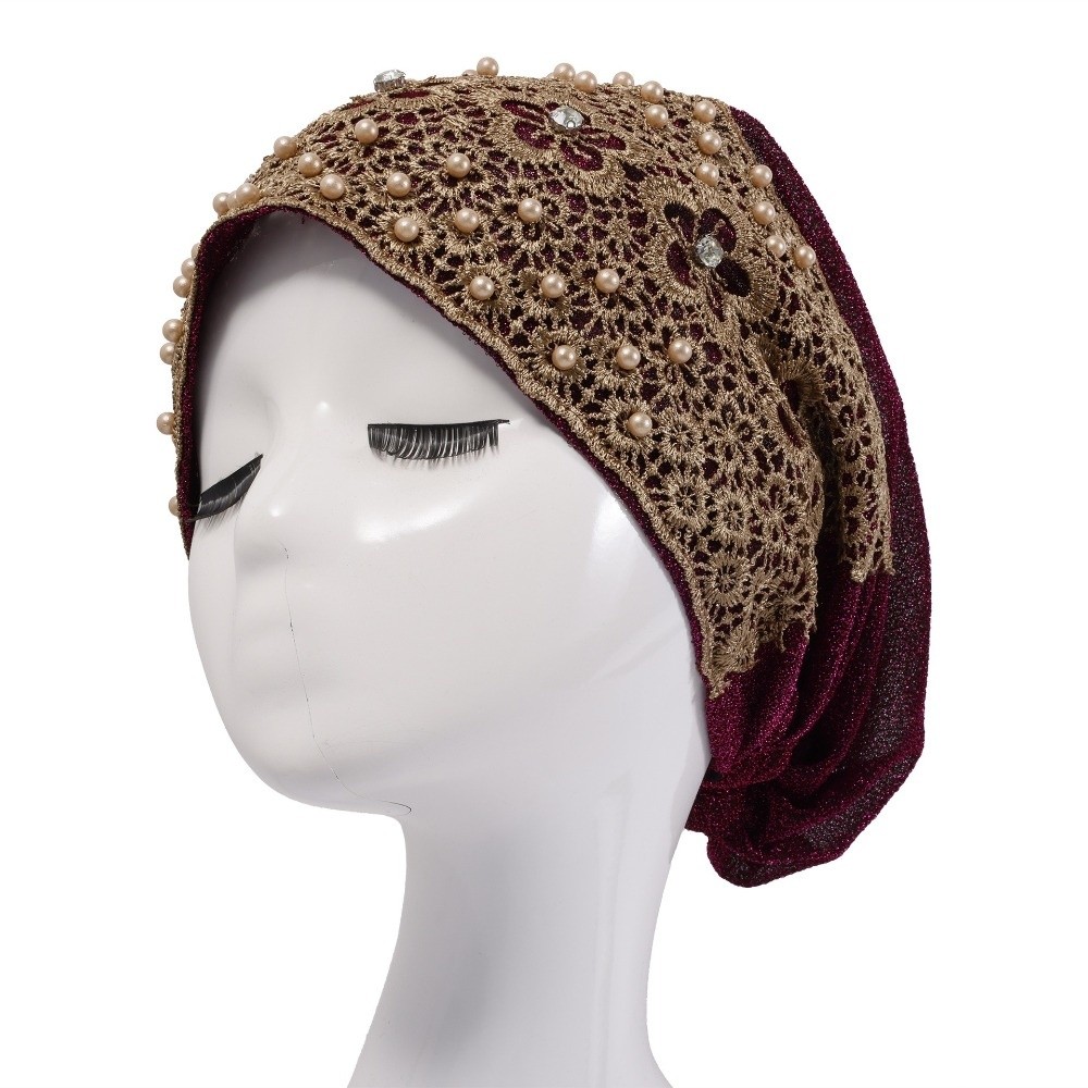 Turban élégant brodé pour femme, bonnet en dentelle à motif floral, foulard musulman, chapeau islamique pour femme