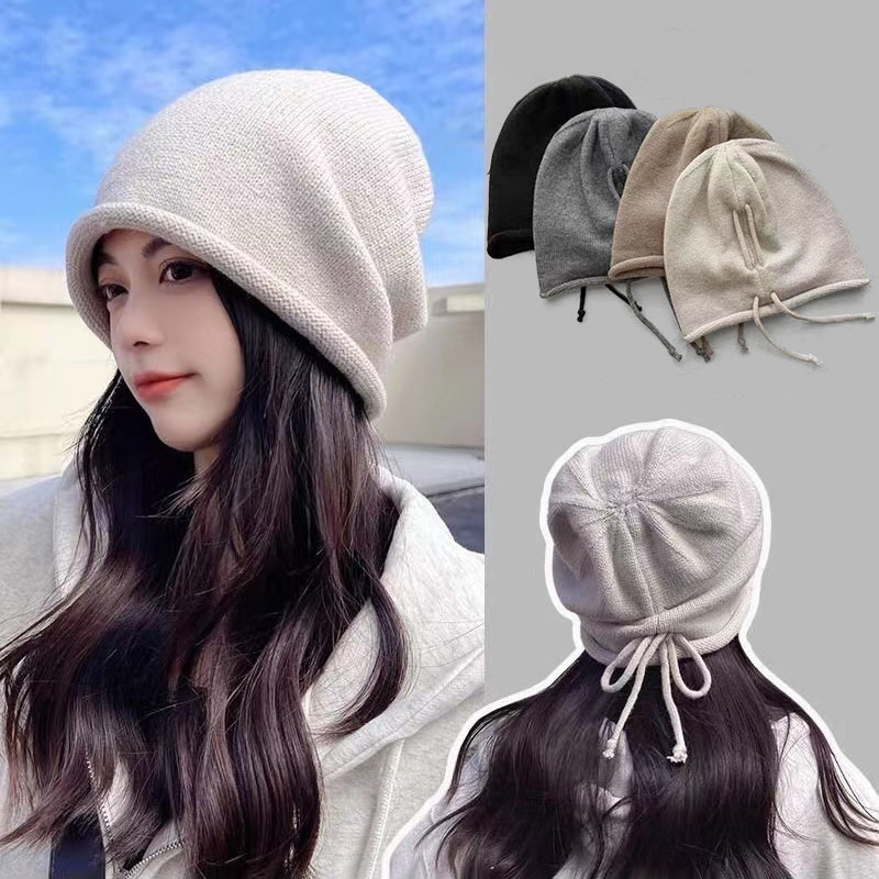 RICYGVM cordon Baggy Slouchy Bonnet pour femmes automne hiver oreille garder au chaud Skullies casquette mode fille Kint laine chapeau