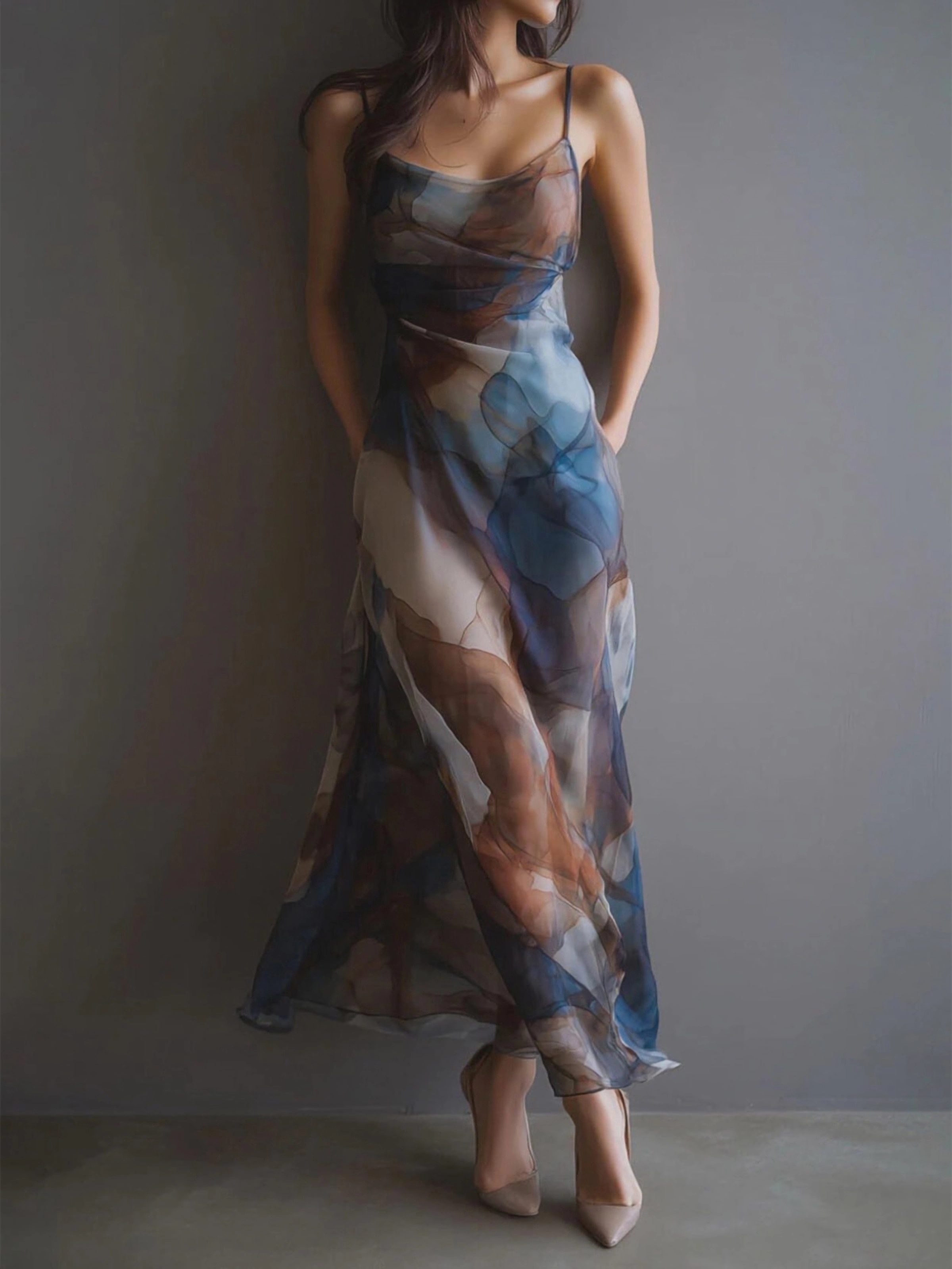 Robe longue décontractée et élégante en mousseline pour femme, sans manches, dos nu, imprimé abstrait aquarelle, idéale pour le quotidien, les fêtes et les vacances