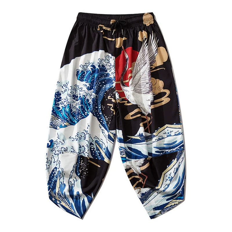 Pantalon Kimono japonais Vintage, pantalon fleuri, imprimé grue ondulée, pour femmes et hommes, vêtements traditionnels asiatiques, Costume de Cosplay