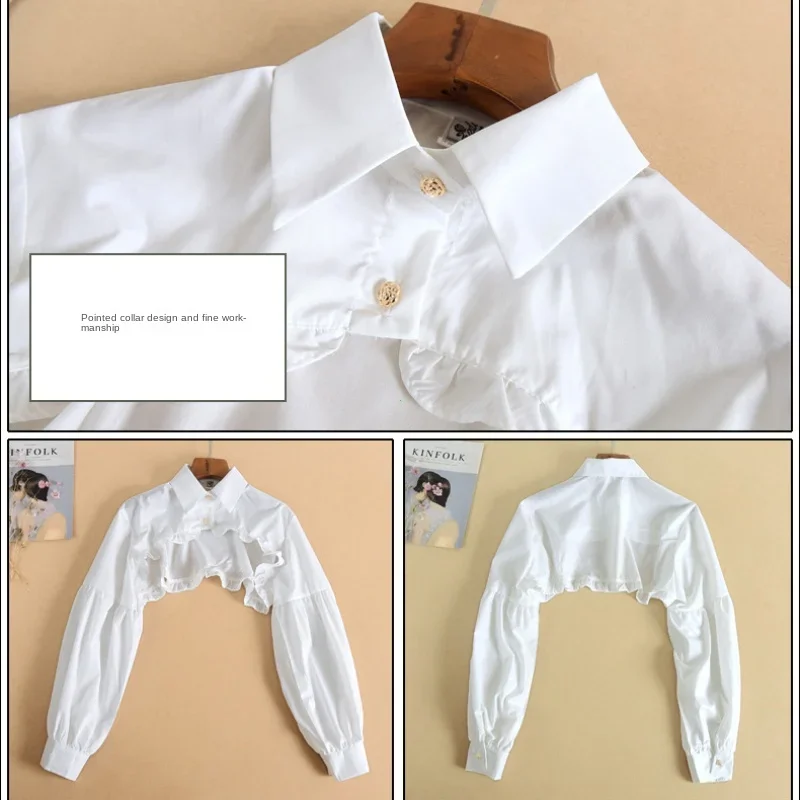 T-shirt manches longues bouffantes pour femmes, haut court, chemisier, bouton à volants, col étalé détachable, pull, accessoires décoratifs