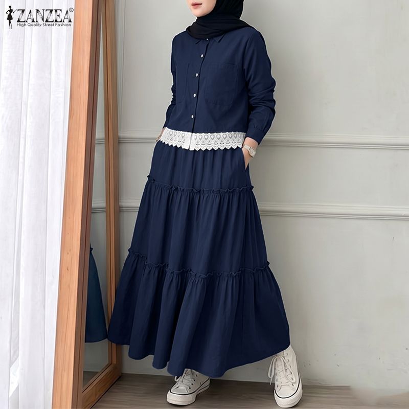 Ensembles 2 Pièces Musulmans pour Femmes Tenues d'Automne ZANZEA Col Revers Manches Longues Robe Chemise à Bordure Dentelle Ensembles Jupe Élégante Costume Ramadan